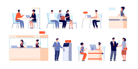 Bank clients service. Banking office, counter and client service. Cash desk, cashier atm professional loan consultant vector illustration. Office finance bank service, counter financial