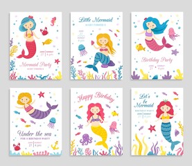 Mermaid invite cards. Birthday poster, kids party invitation. Cute ocean princess and animals flyers. Amazing sea festive vector banners. Invitation typography birthday with underwater illustration