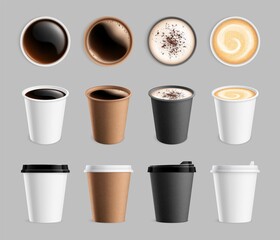 Takeaway coffee mockup. Plastic paper cup for liquid and drink to go. Espresso latte cappuccino mug, breakfast beverages vector illustration. Espresso beverage, fresh aroma cappuccino