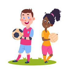 Sport children. Cute cartoon boy girl with balls. Summer training in football camp, international kids vector illustration. Training football activity, cartoon game soccer