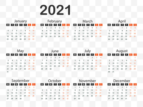 2021 calendar, week starts Monday. Vector illustration, flat design.