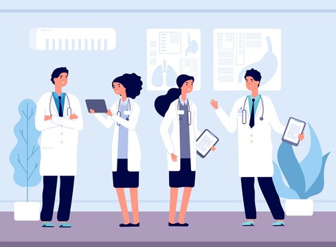 Doctors in hospital. Medical team working, nursing and healthcare. Clinic staff talking and smiling vector illustration. Medical hospital team, medicine and health, doctor with stethoscope