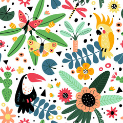 Floral background with parrots and toucans