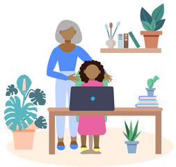 Teaching children online. Home classes with children. An African-American family. Grandma helps her granddaughter with homework. Flat style vector illustration isolated on white background.