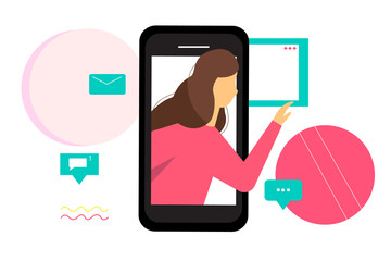 Silhouette of a girl looking out of the phone. The concept of online communication, virtual reality.  illustration, perfect for websites and startups.