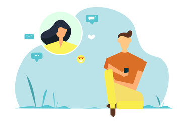 Guy is texting with the girl. Virtual relationship, acquaintance in social network. illustration in flat style