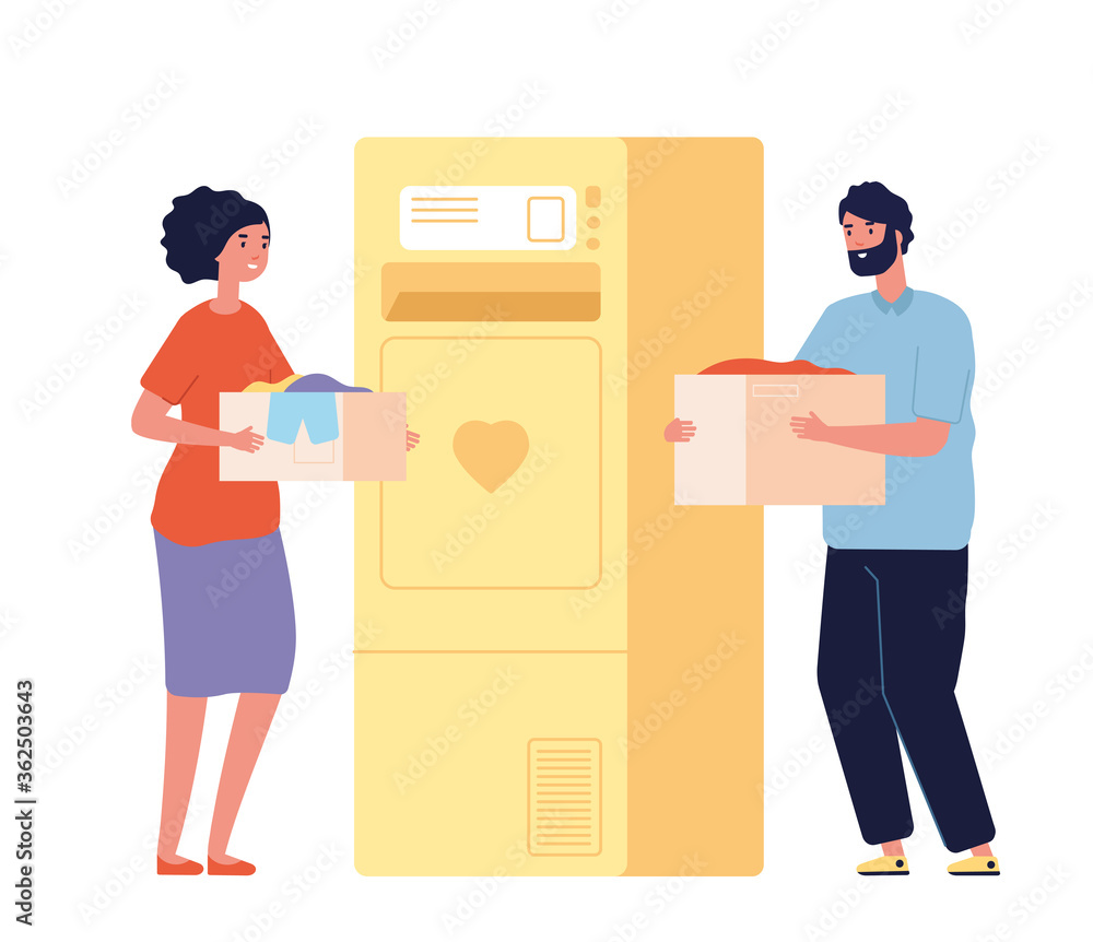 Sticker People with donation boxes. Clothes charity bank or recycling bin. Happy man woman donate clothing, isolated volunteers vector illustration. Charity and donation, care goodwill and help - Stickers