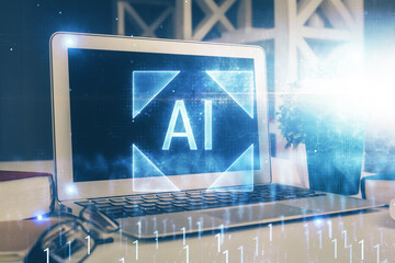 Multi exposure of desktop with personal computer and tech theme drawing. Concept of Bigdata.