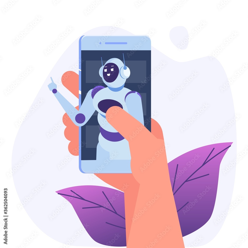 Poster chatbot concept. man talking to robot. customer support service android, artificial intelligence dia
