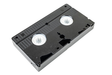 Black VHS video tape cassette on white background