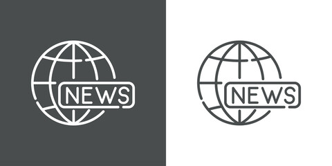 Fototapeta premium Concepto noticias en internet. Icono plano lineal palabra NEWS con globo terráqueo en fondo gris y fondo blanco