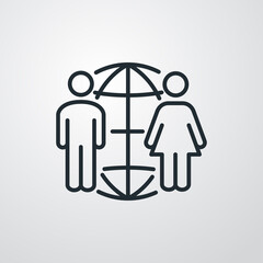 Concepto red social. Icono plano lineal globo terráqueo con hombre y mujer en fondo gris © teracreonte