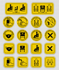 Obraz premium Warning signs on transparent background.. Keep distance between people. Do not sit here. Keep safe distance. Wash your hands