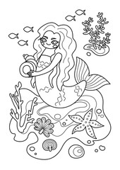 Cartoon page for coloring book with mermaid and shell, hand-drawn vector illustration.