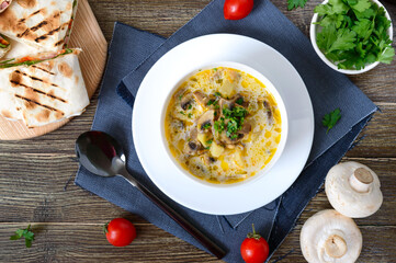 Vegetarian soup with champignons and vegetables. Mushroom soup for lunch. The top view