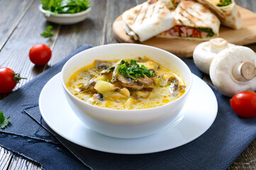Vegetarian soup with champignons and vegetables. Mushroom soup for lunch.