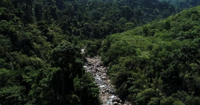 Aerial view waterfall in deep forest mountain movement by drone Thailand