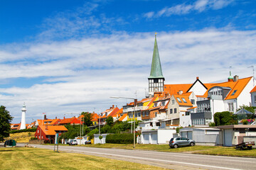 RONNE, DENMARK - JUNE 23: View of a street by the harbour in Ronne, Bornholm, Denmark on June 23,...
