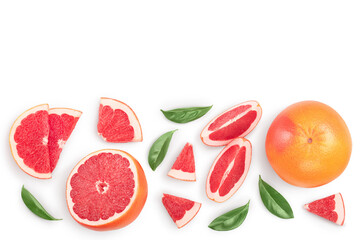 Grapefruit and slices isolated on white background. Top view with copy space for your text. Flat lay. With clipping path and full depth of field
