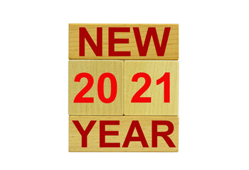 The concept of the new year. The inscription new 2021 year on wooden cubes and blocks isolated on a white background.