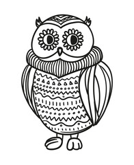Owl on white. Detailed hand drawn bird with abstract patterns on isolated background. Design for spiritual relaxation for adults