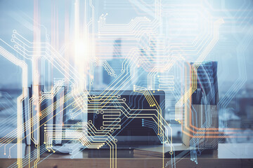 Multi exposure of table with computer and world map hologram. International data network concept.