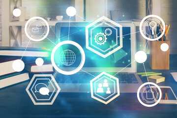 Computer on desktop with social network theme icon. Multi exposure. Concept of international connections.