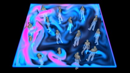 Air currents flowing around crowd of people standing  in confined room . 3d simulation rendering illustration. Perspective view