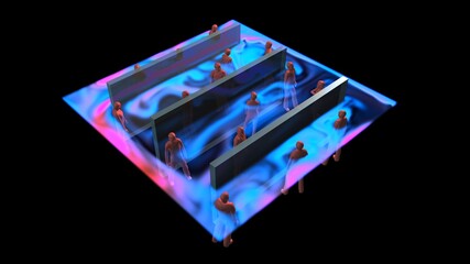 Air currents flowing around crowd of people in confined room . Flow goes around men, women and walls in closed space.  3d simulation rendering illustration. Diagonal view