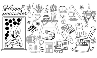 Obraz premium Icon set of an old woman with a cat in the window. The pensioner belongings are a newspaper and houseplants, a book and a tonometer, an armchair and medicine. Isolated black outline. Vector 