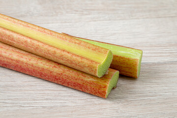 Rhubarb on a table. Before cooking rhubarb