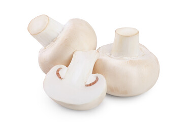 Fresh mushrooms champignon and half isolated on white background with clipping path