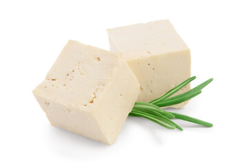 diced tofu cheese isolated on white background with clipping path and full depth of field,