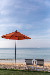 Beach Umbrella and Sunbed, Koh Mak Beach, Koh Mak island, Thailand.