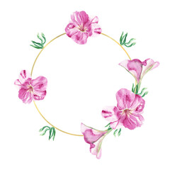 Watercolor hand painted floral round golden frame with green leaves and pink petunia flowers isolated on white. Nice wreath. Great template for greeting cards, backgrounds, invitations.