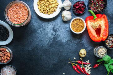 healthly food ingredient set Menu concept serving size. background top view copy space for text organic eating 