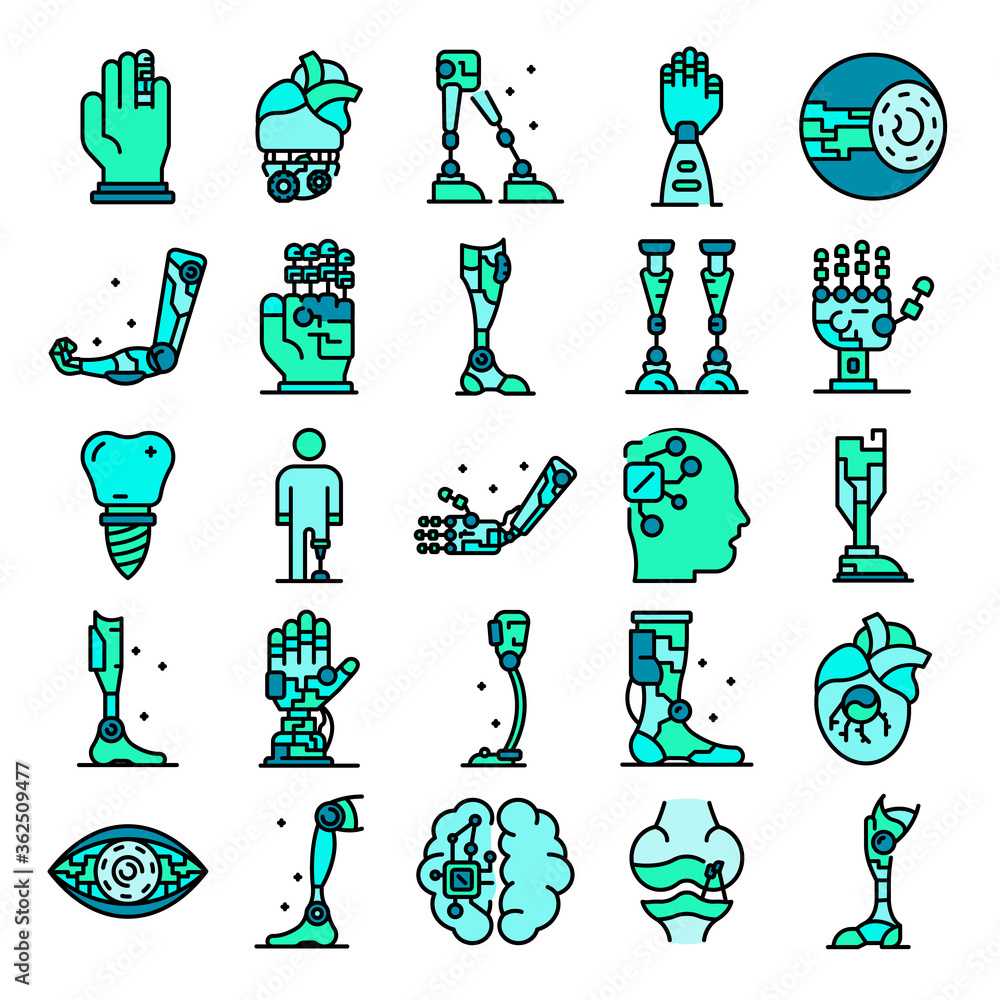 Poster artificial limbs icons set. outline set of artificial limbs vector icons thin line color flat on whi
