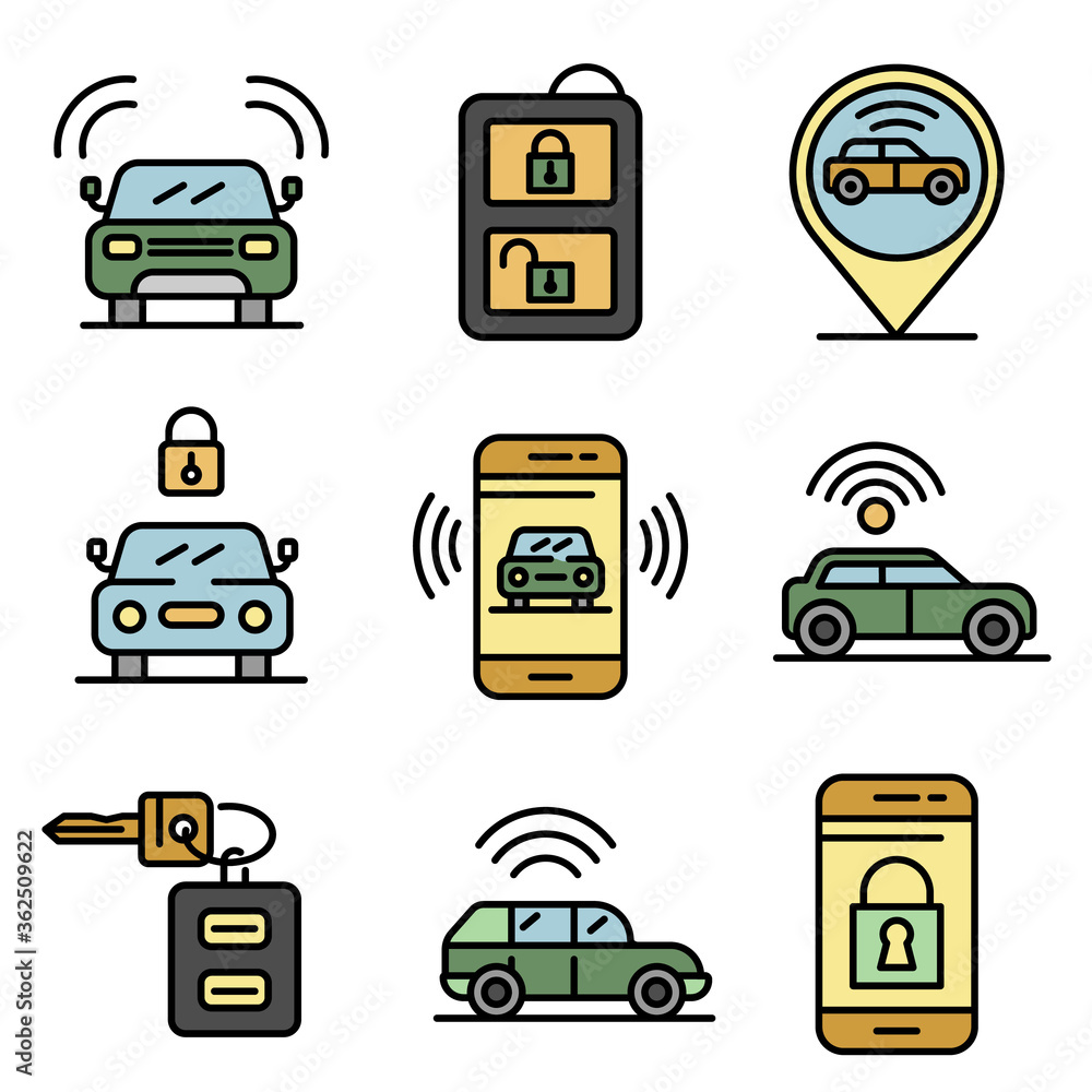 Poster car alarm system icons set. outline set of car alarm system vector icons thin line color flat on whi