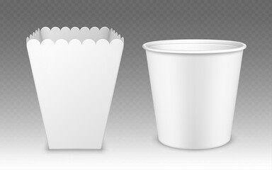 Blank bucket for popcorn, chicken wings or legs white mockup isolated on transparent background. Empty pail fastfood , paper hen bucketful design, food boxes rendering, Realistic 3d vector mock up