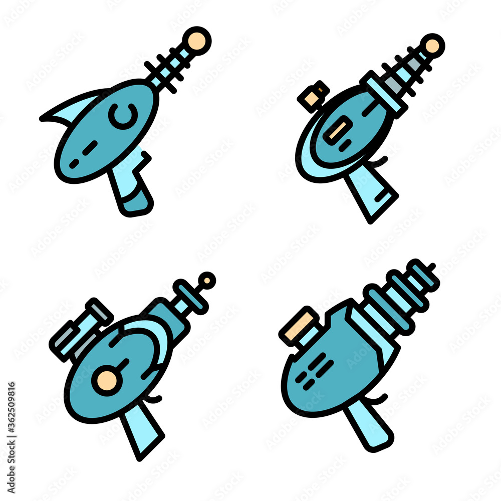Poster blaster icons set. outline set of blaster vector icons thin line color flat on white