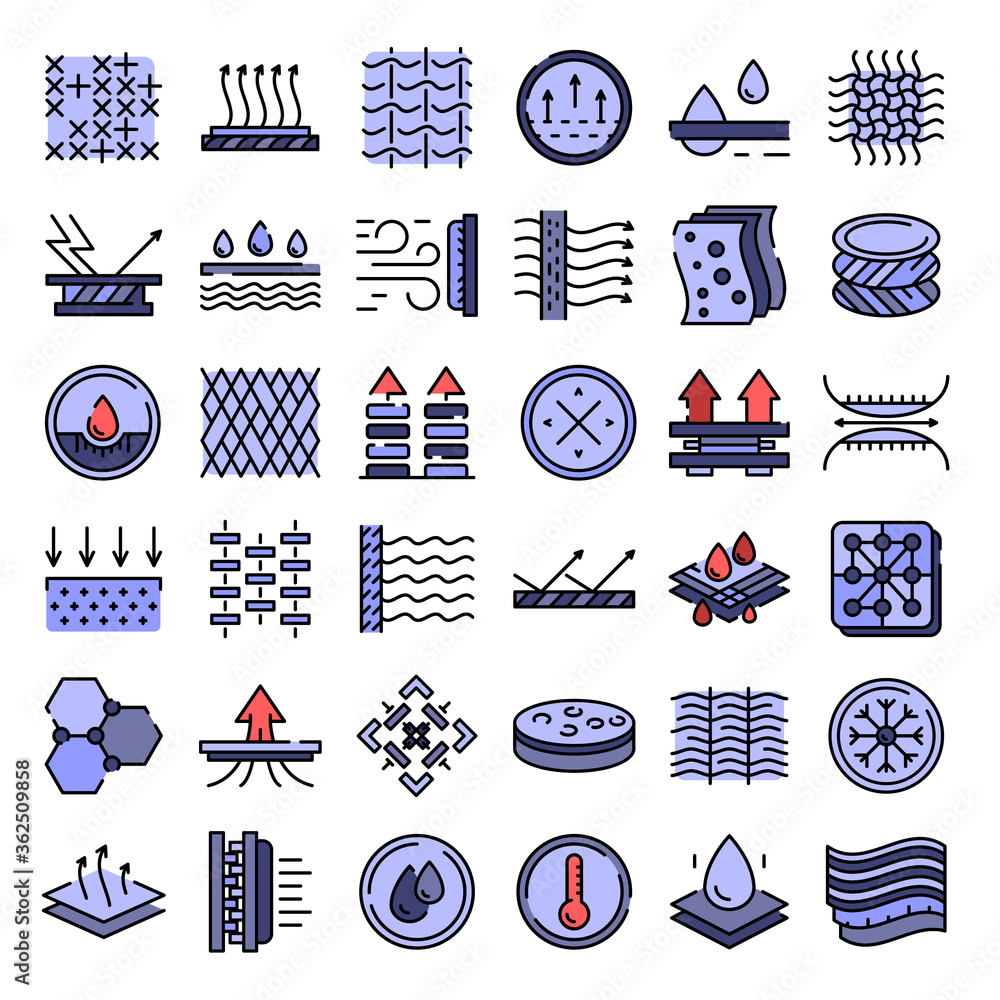 Poster fabric feature icons set. outline set of fabric feature vector icons thin line color flat on white