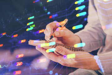 Writing human hands with tech theme multi exposure icons.