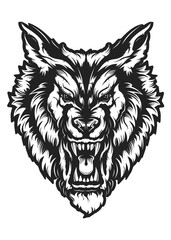 Wolf face vector illustration. Angry wolf face with open mouth showing canine. Angry dog emblem.
