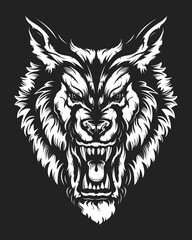Wolf face vector illustration. Angry wolf face with open mouth showing canine. Angry dog emblem.