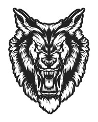Wolf face vector illustration. Angry wolf face with open mouth showing canine. Angry dog emblem.