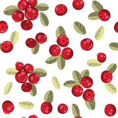 Seamless pattern with lingonberry on a white background. Hand drawn forest berries. Vector illustration of red berries in cartoon flat style
