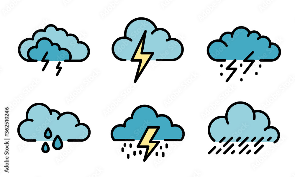 Poster thunderstorm icons set. outline set of thunderstorm vector icons thin line color flat on white