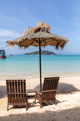 Beach Umbrella and Sunbed, Koh Mak Beach, Koh Mak island, Thailand.