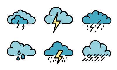 Thunderstorm icons set. Outline set of thunderstorm vector icons thin line color flat on white