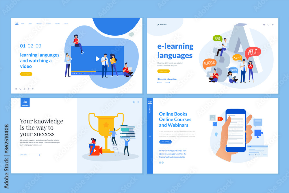 Poster web page design templates of distance education, e-learning, video tutorials, foreign language cours
